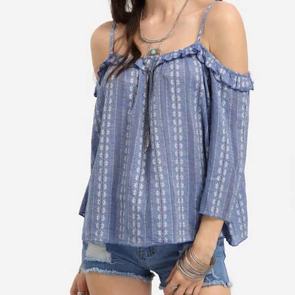 SHEIN Blue Open Shoulder Ruffle Blouse - Picture 2 of 6